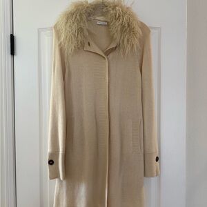 Brunello Cucinelli Cream Long Cashmere Cardigan with Mongolian Fur Collar